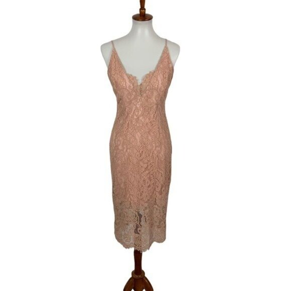 Bardot Pink Lace Midi Dress Womens 6 Spaghetti Strap Bodycon Cocktail Formal - Picture 1 of 8
